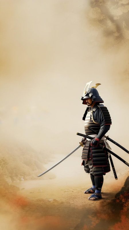A lone samurai stands in full traditional armor